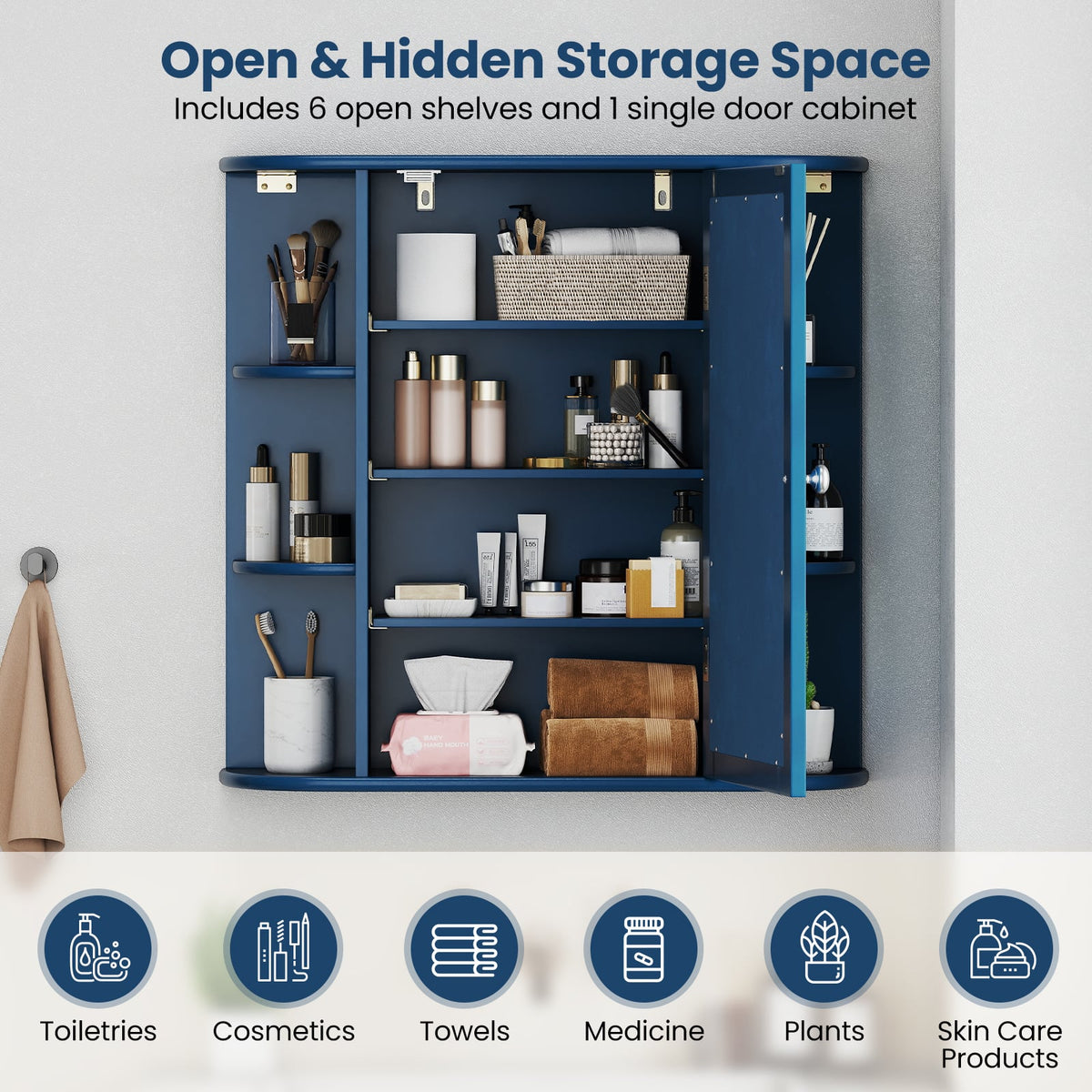 Wall-Mounted Bathroom Mirror Cabinet with 10 Shelves - Blue-Wall Cabinets-DECOROLALA