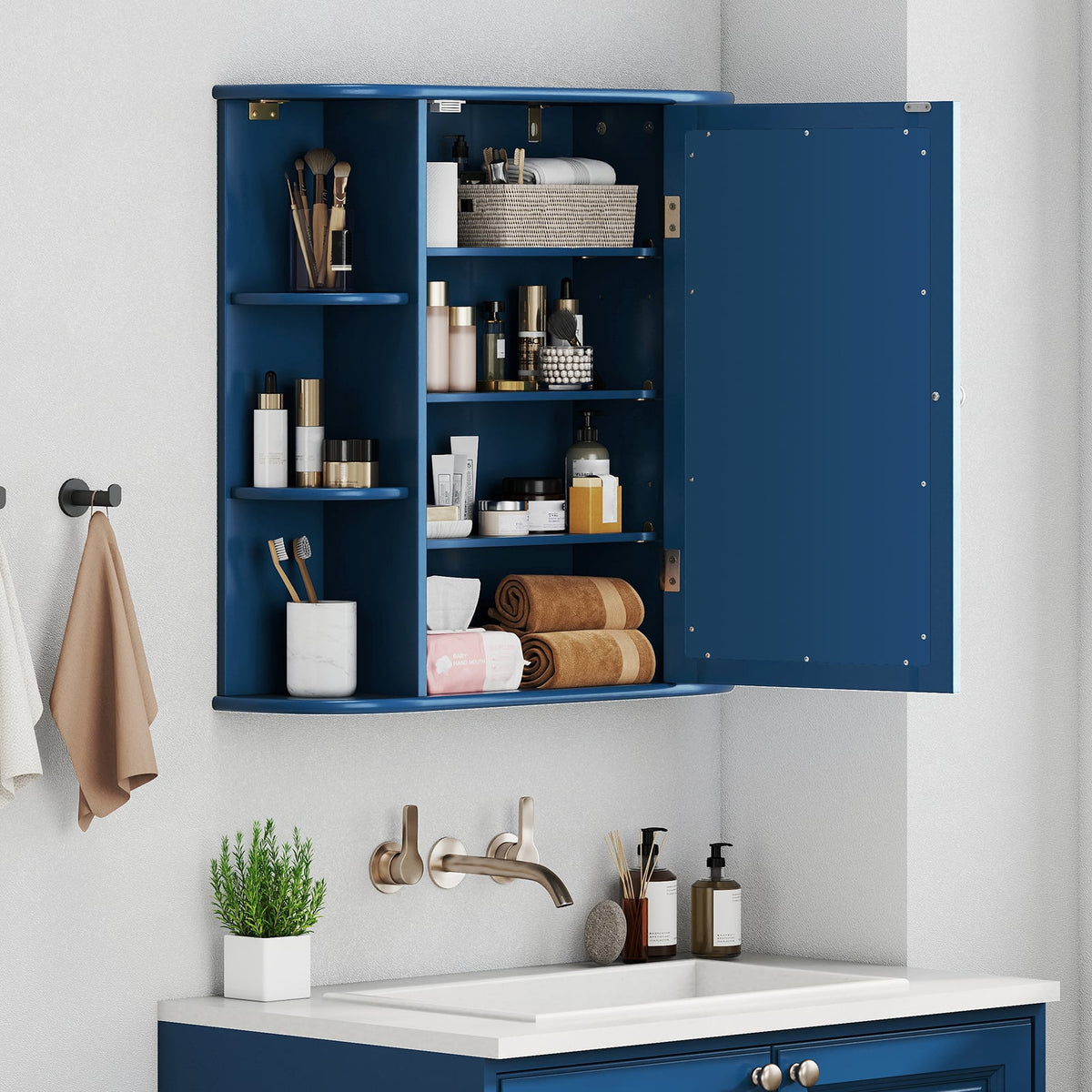 Wall-Mounted Bathroom Mirror Cabinet with 10 Shelves - Blue-Wall Cabinets-DECOROLALA