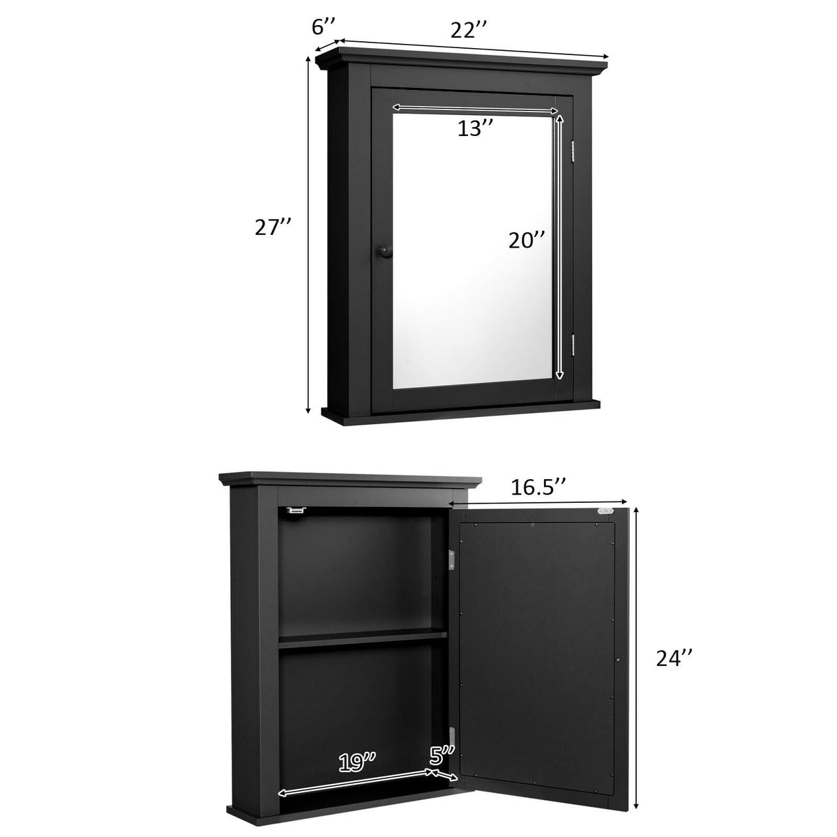 Wall Mounted Bathroom Mirror Cabinet with 5-level Height-adjustable Shelf-Black-Wall Cabinets-DECOROLALA