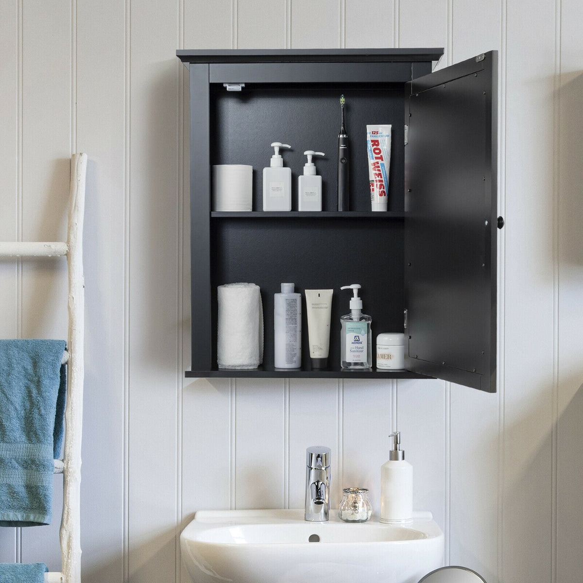 Wall Mounted Bathroom Mirror Cabinet with 5-level Height-adjustable Shelf-Black-Wall Cabinets-DECOROLALA