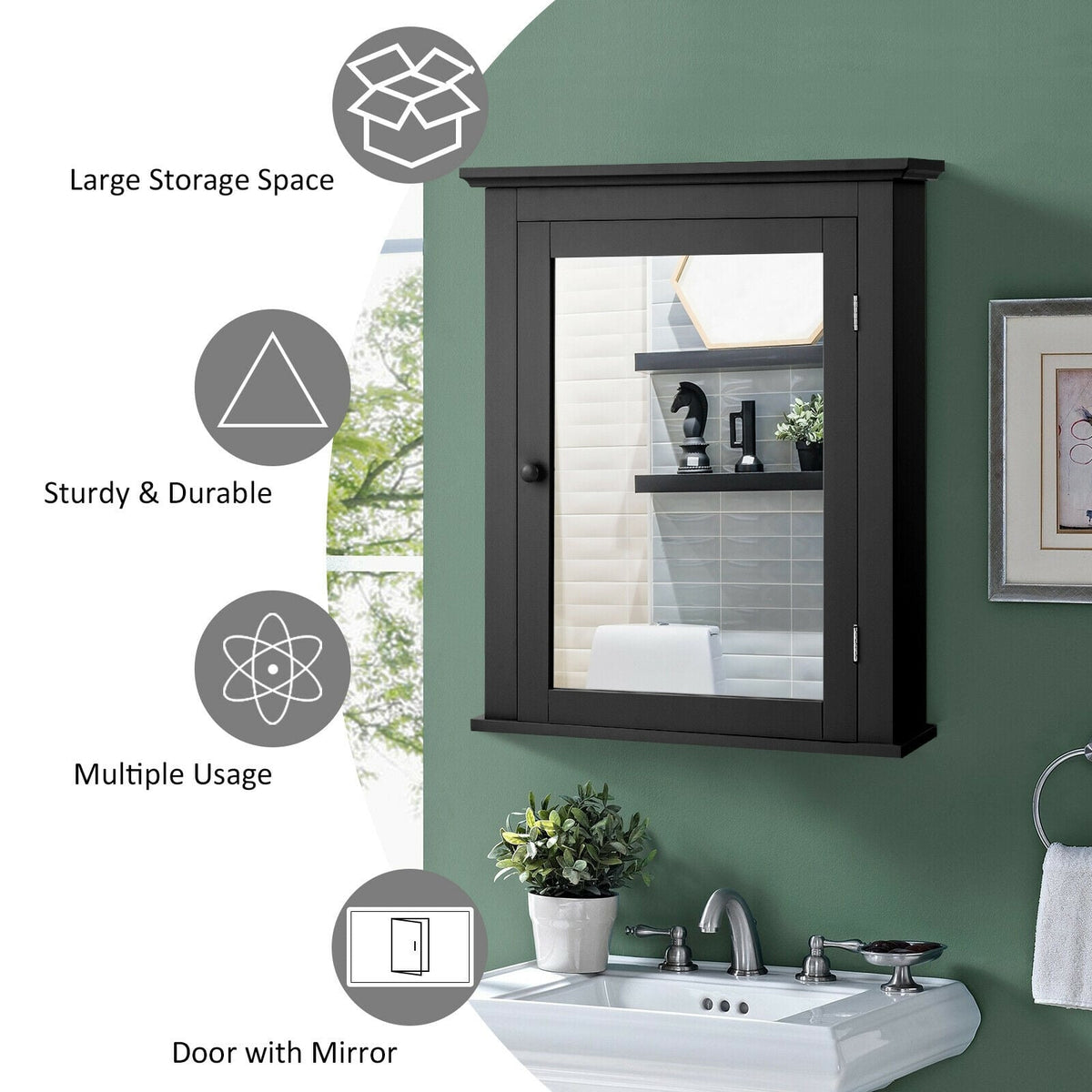 Wall Mounted Bathroom Mirror Cabinet with 5-level Height-adjustable Shelf-Black-Wall Cabinets-DECOROLALA