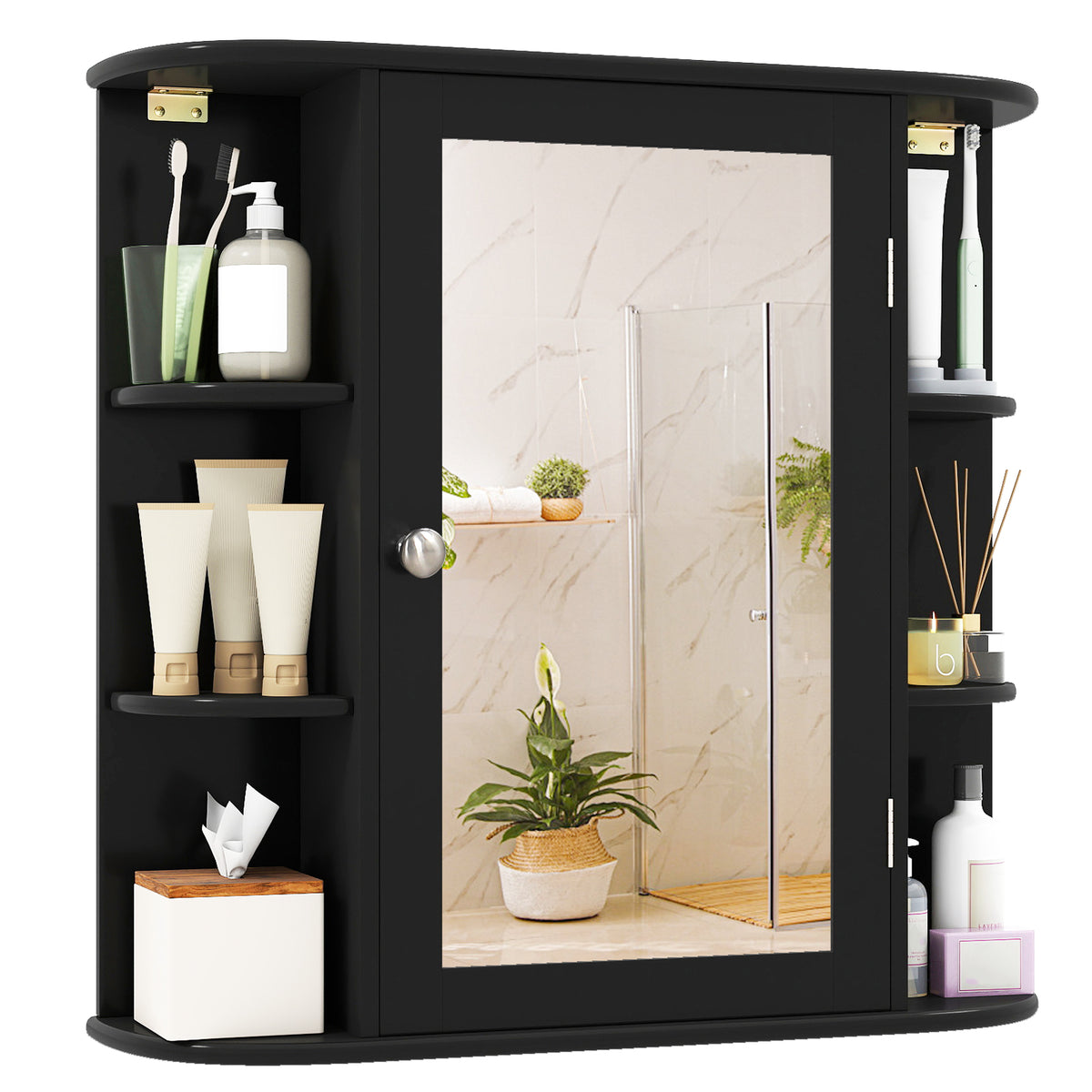 Wall-Mounted Bathroom Mirror Cabinet with 6 Shelves - Black-Wall Cabinets-DECOROLALA