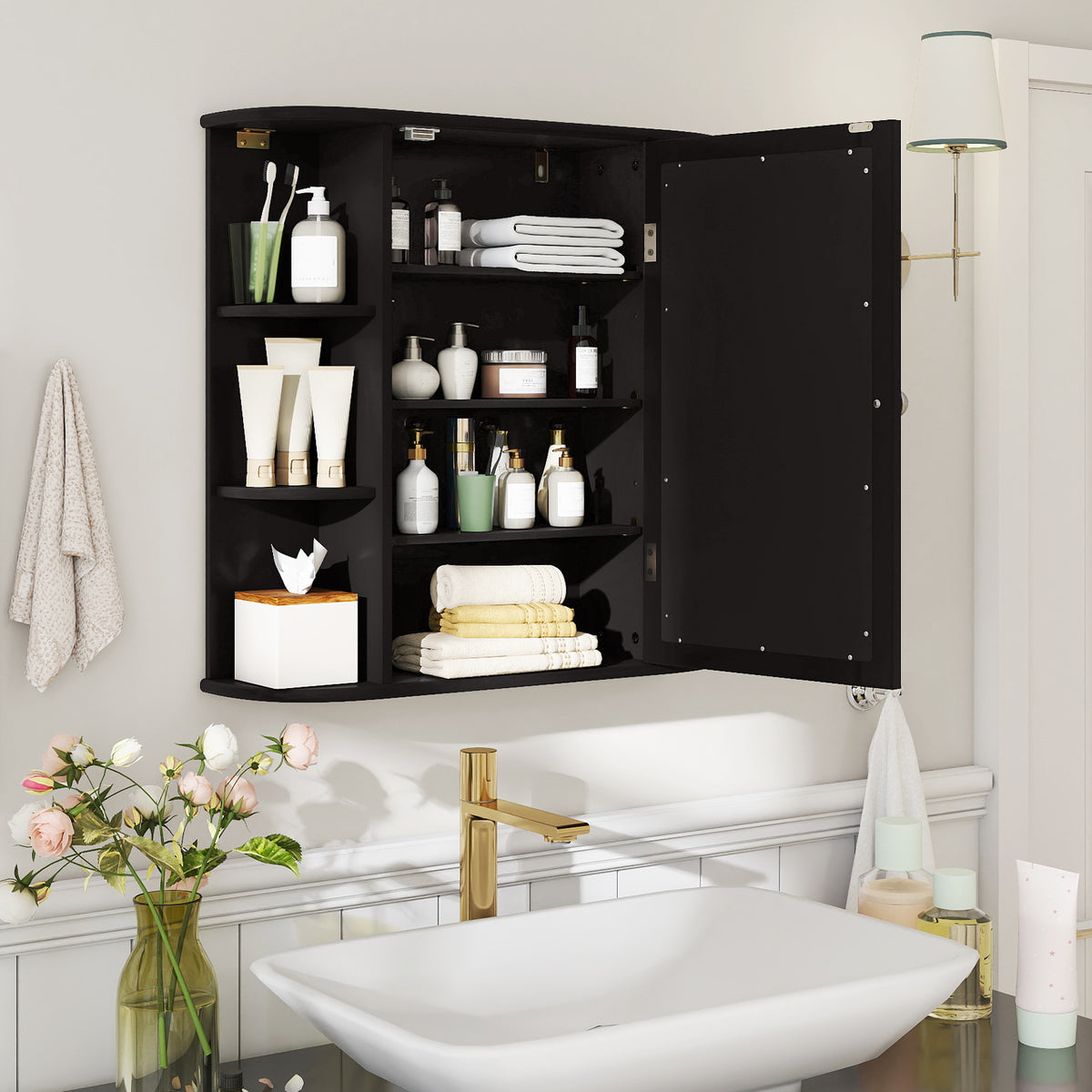 Wall-Mounted Bathroom Mirror Cabinet with 6 Shelves - Black-Wall Cabinets-DECOROLALA