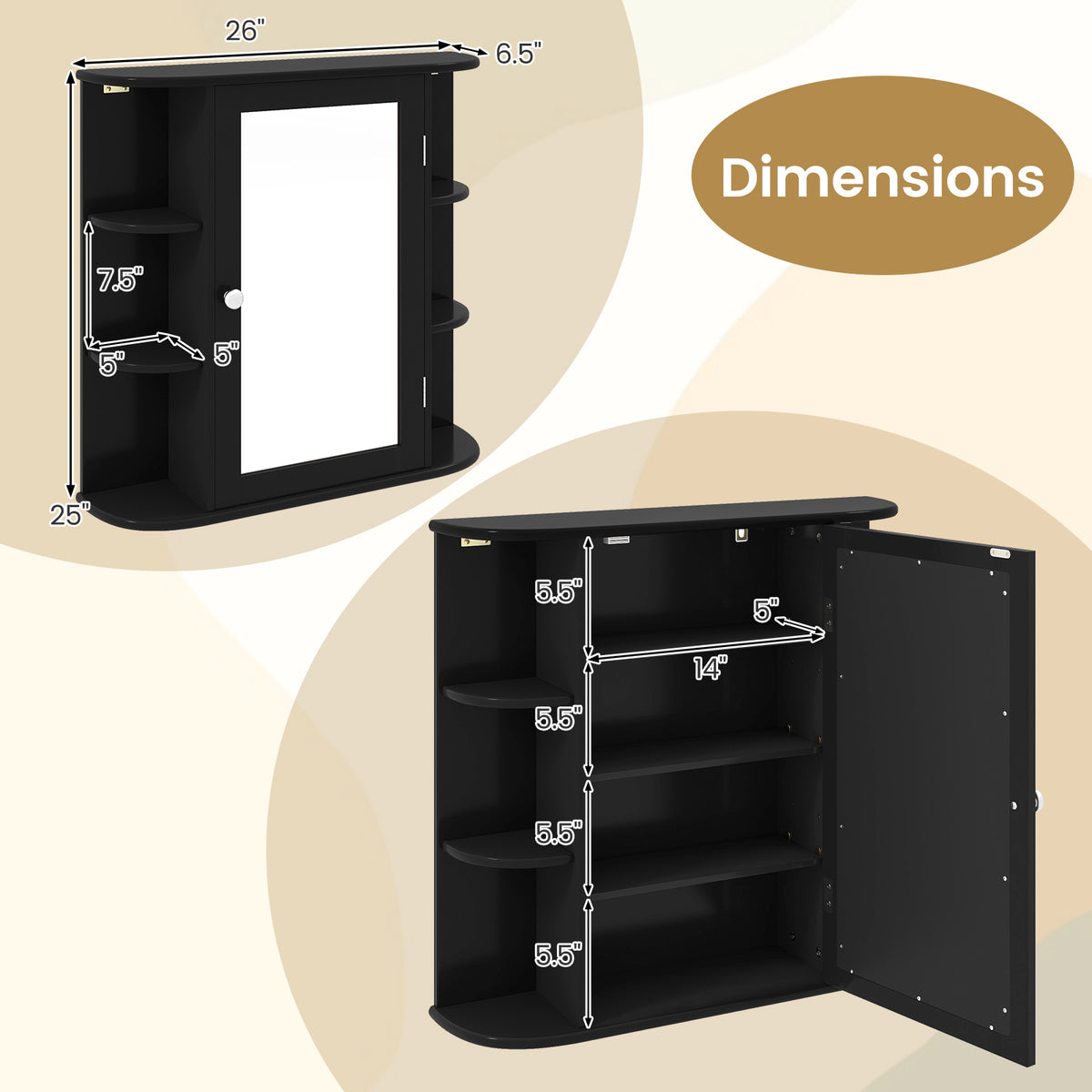 Wall-Mounted Bathroom Mirror Cabinet with 6 Shelves - Black-Wall Cabinets-DECOROLALA