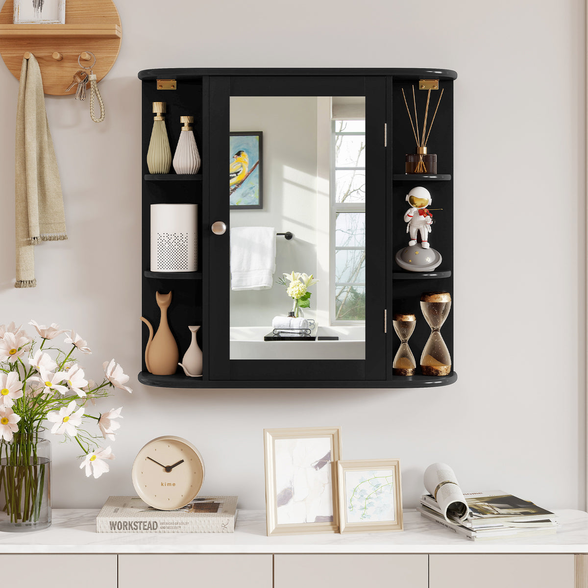 Wall-Mounted Bathroom Mirror Cabinet with 6 Shelves - Black-Wall Cabinets-DECOROLALA