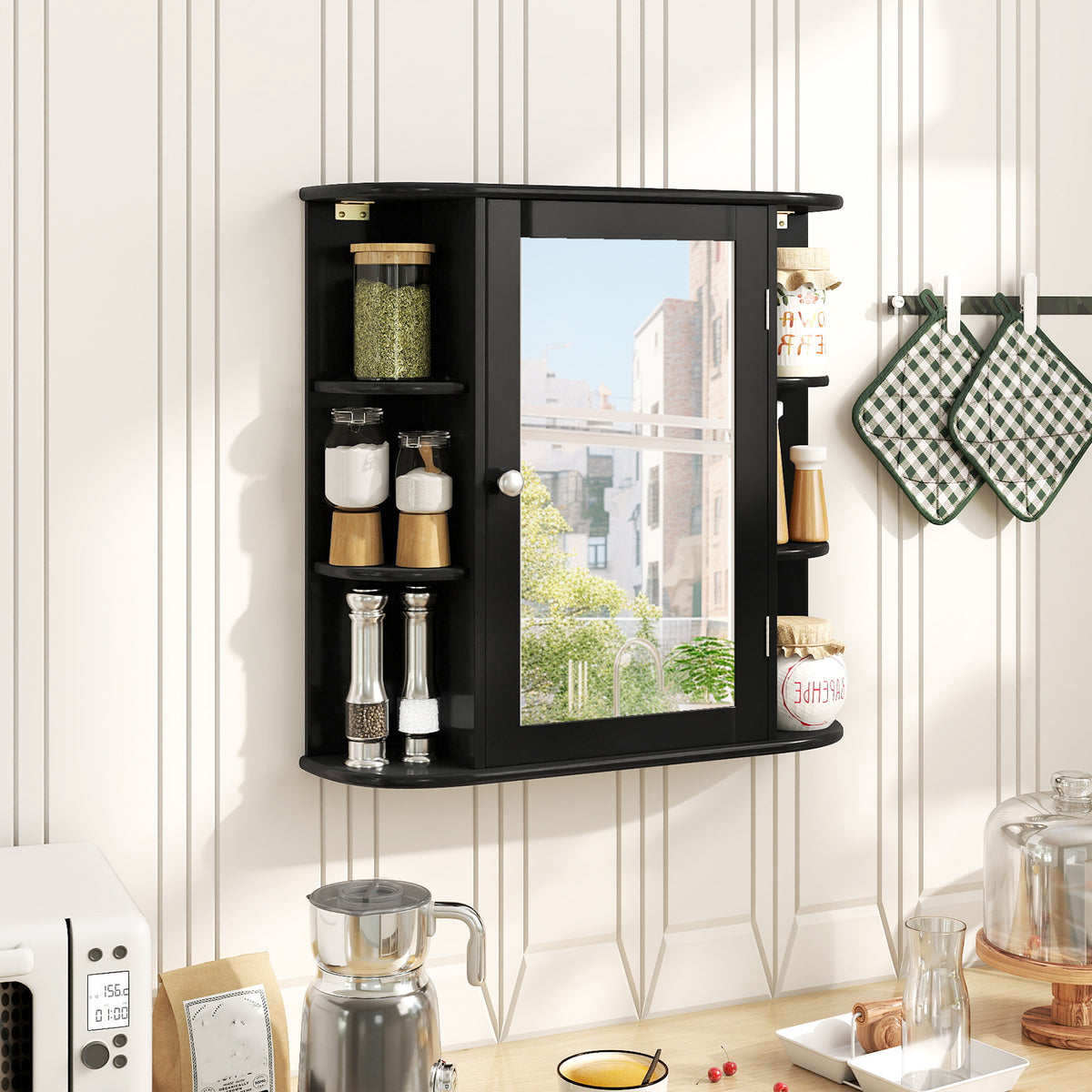Wall-Mounted Bathroom Mirror Cabinet with 6 Shelves - Black-Wall Cabinets-DECOROLALA