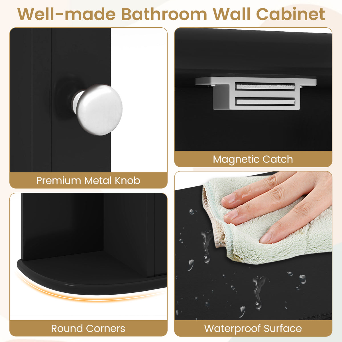 Wall-Mounted Bathroom Mirror Cabinet with 6 Shelves - Black-Wall Cabinets-DECOROLALA
