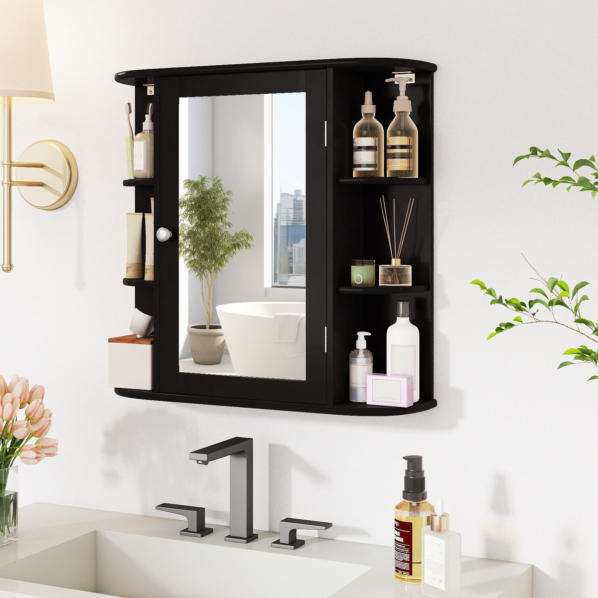 Wall-Mounted Bathroom Mirror Cabinet with 6 Shelves - Black-Wall Cabinets-DECOROLALA