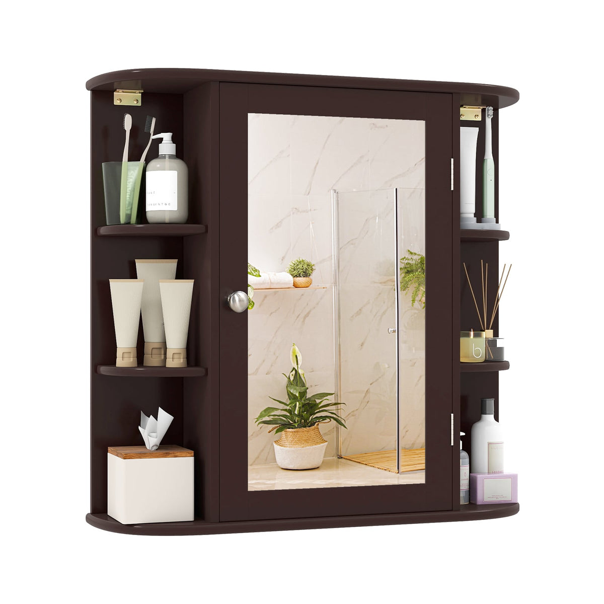 Wall-Mounted Bathroom Mirror Cabinet with 6 Shelves - Brown-Wall Cabinets-DECOROLALA