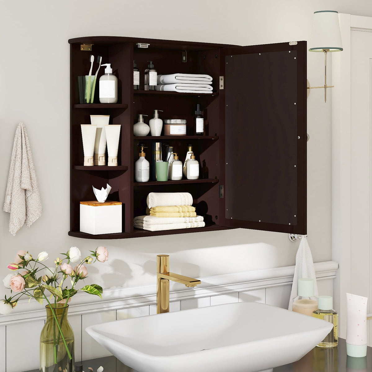 Wall-Mounted Bathroom Mirror Cabinet with 6 Shelves - Brown-Wall Cabinets-DECOROLALA