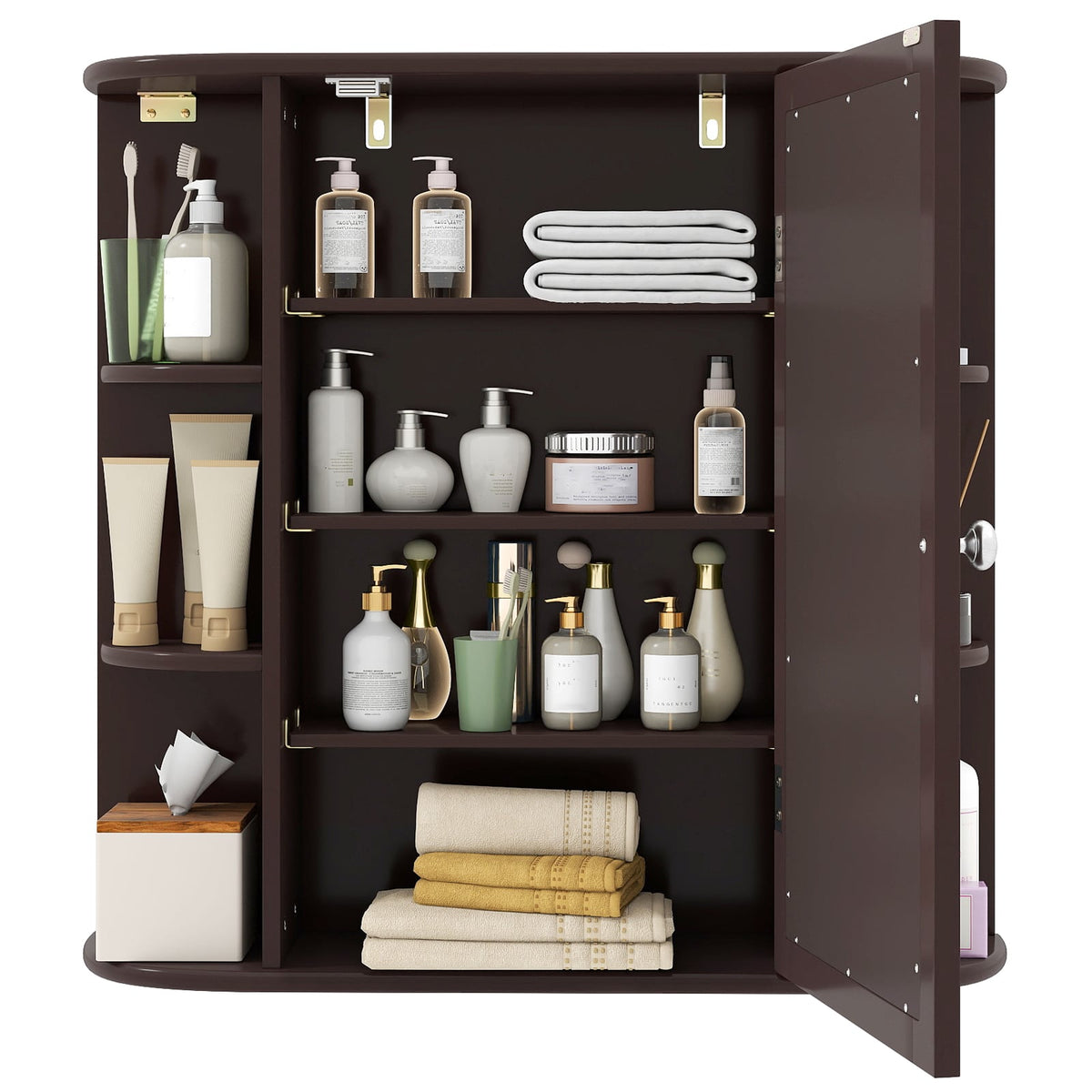 Wall-Mounted Bathroom Mirror Cabinet with 6 Shelves - Brown-Wall Cabinets-DECOROLALA