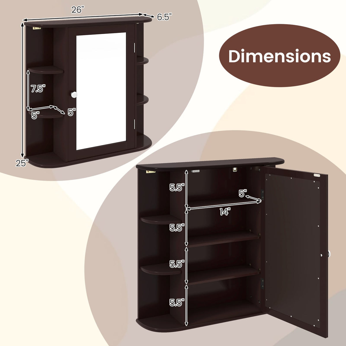 Wall-Mounted Bathroom Mirror Cabinet with 6 Shelves - Brown-Wall Cabinets-DECOROLALA