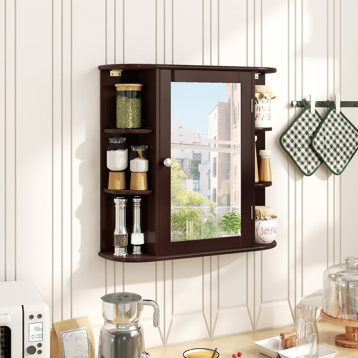 Wall-Mounted Bathroom Mirror Cabinet with 6 Shelves - Brown-Wall Cabinets-DECOROLALA