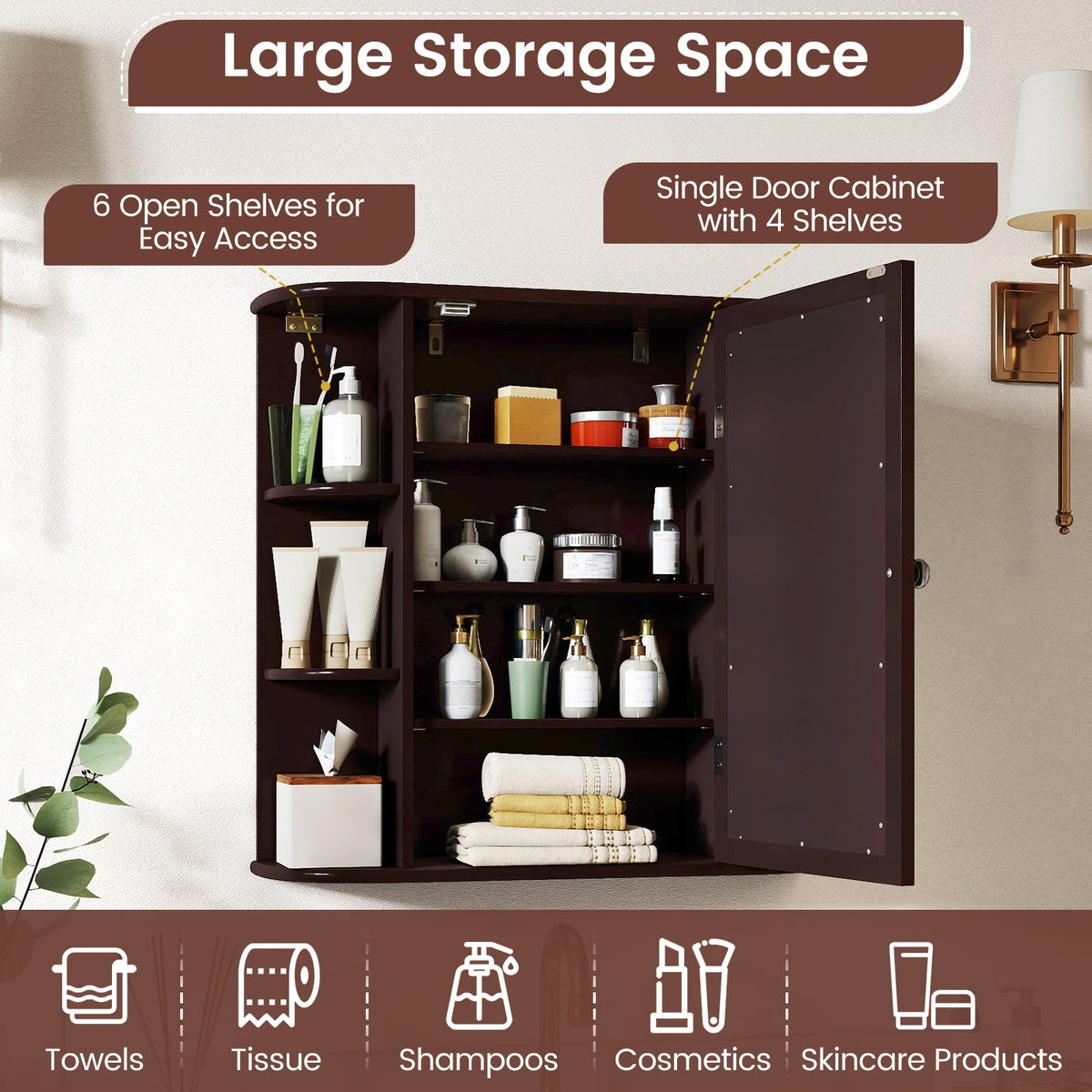 Wall-Mounted Bathroom Mirror Cabinet with 6 Shelves - Brown-Wall Cabinets-DECOROLALA