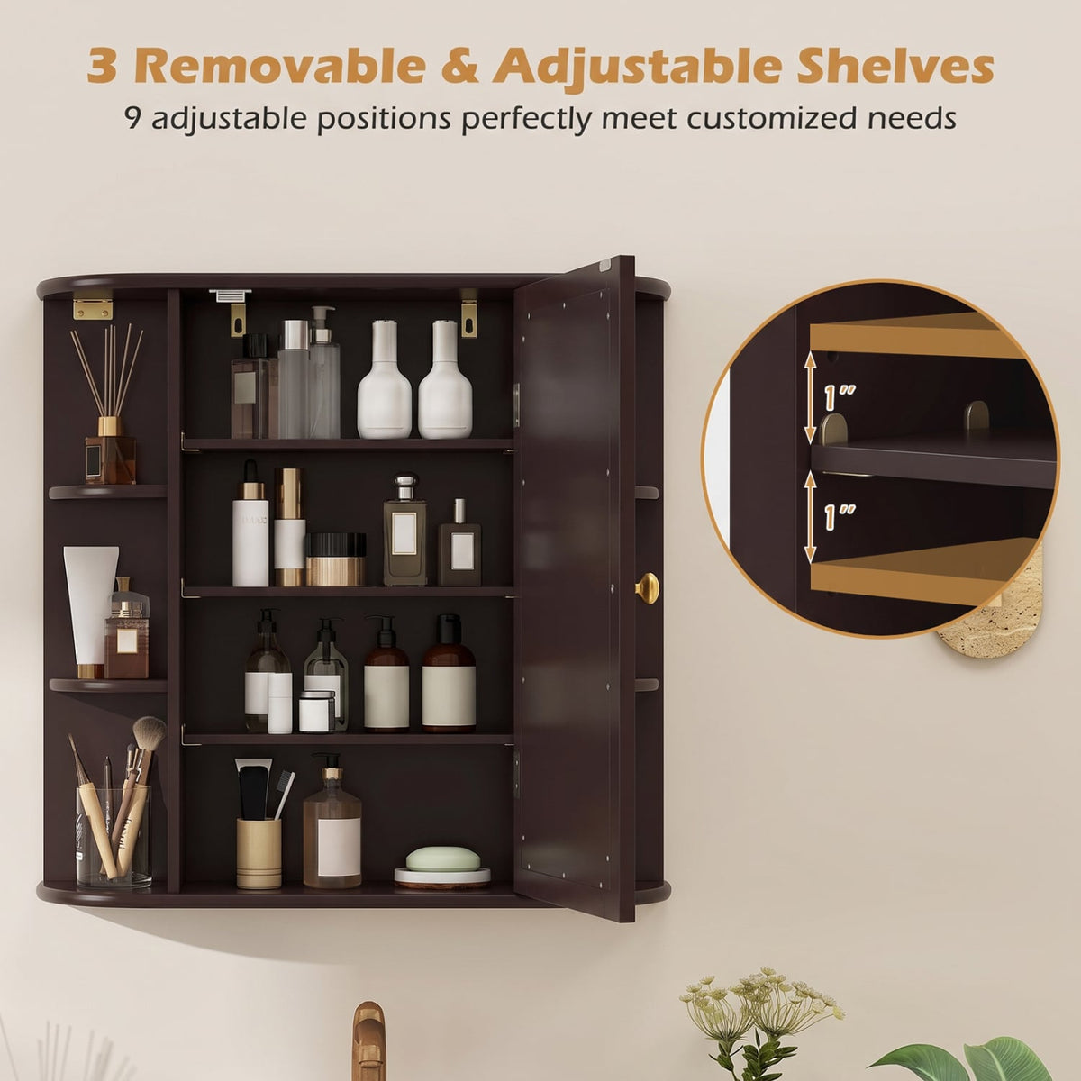 Wall-Mounted Bathroom Mirror Cabinet with 6 Shelves - Brown-Wall Cabinets-DECOROLALA