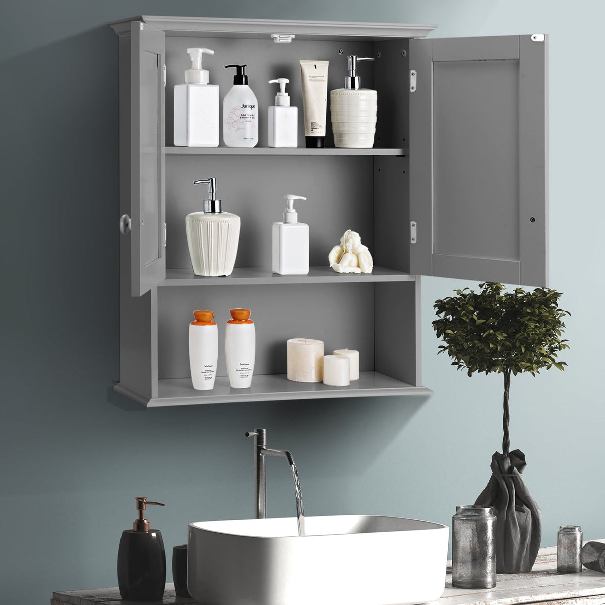 Wall-Mounted Bathroom Storage Cabinet - Dark Gray MDF 24"-Bathroom Wall Cabinets-DECOROLALA