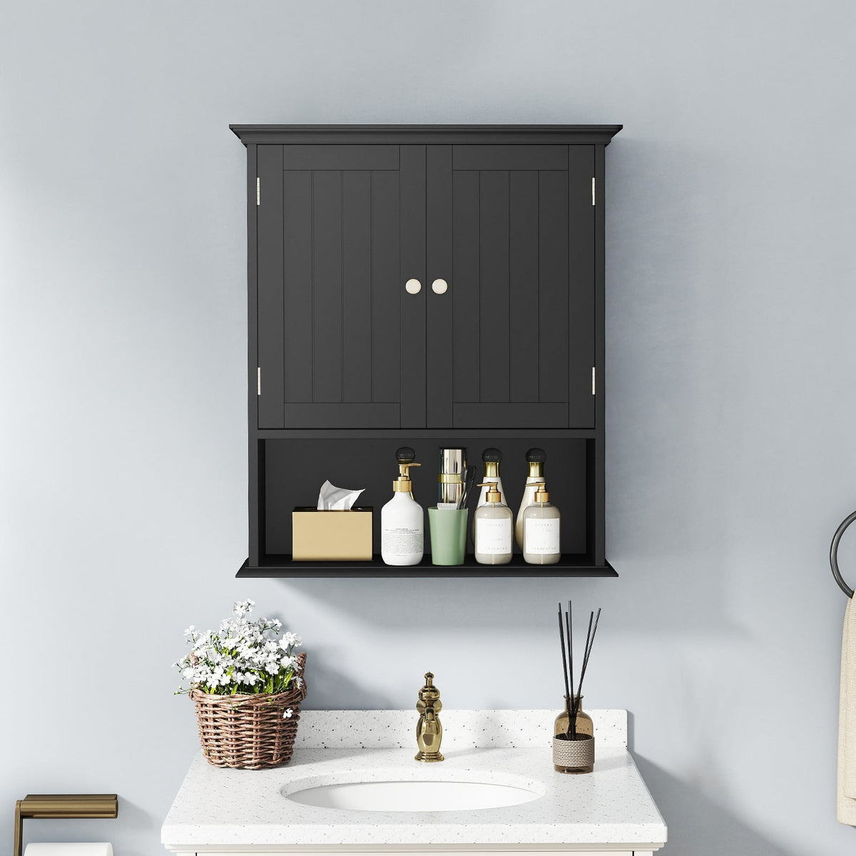 Wall-Mounted Bathroom Storage Cabinet with Doors - Black-Wall Cabinets-DECOROLALA