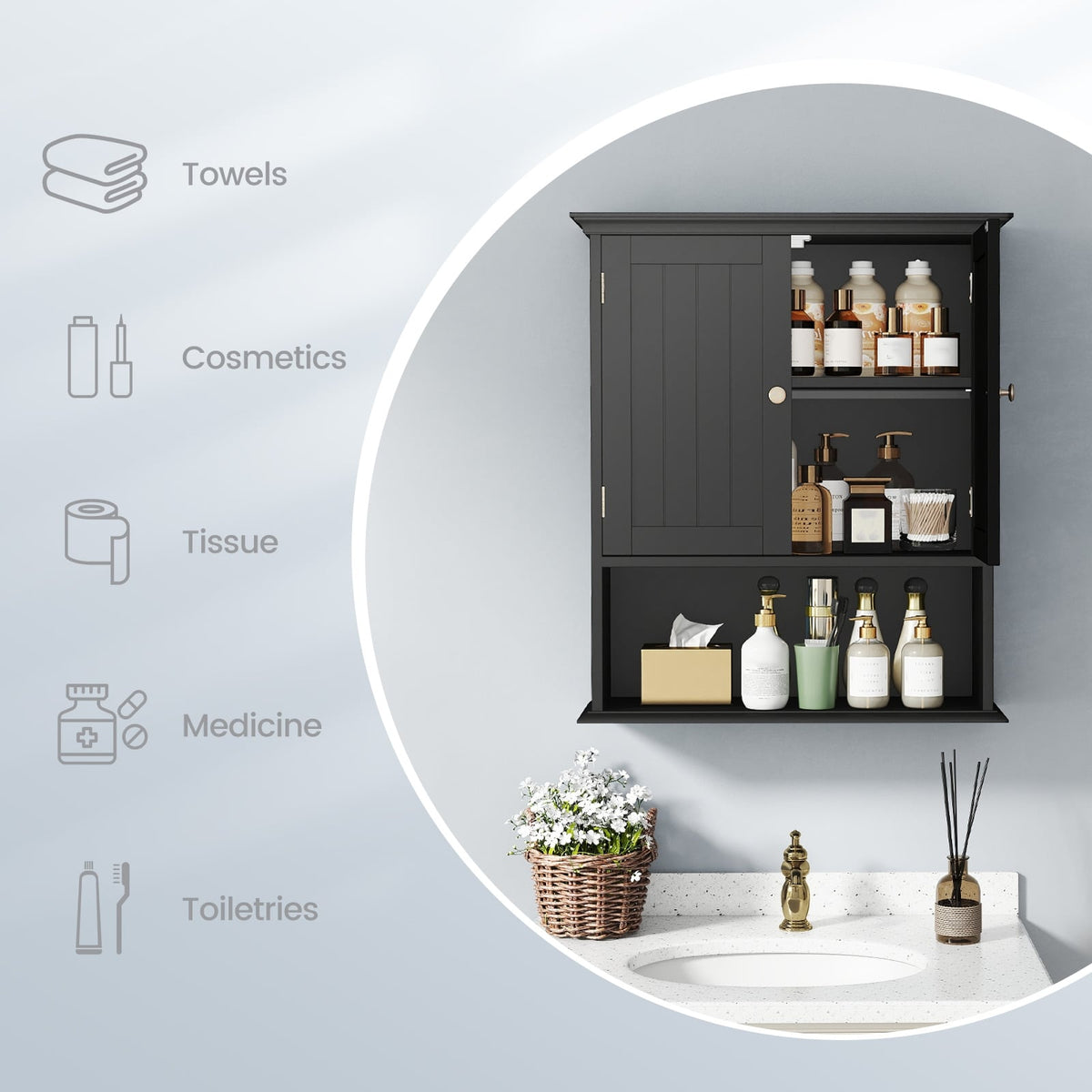 Wall-Mounted Bathroom Storage Cabinet with Doors - Black-Wall Cabinets-DECOROLALA