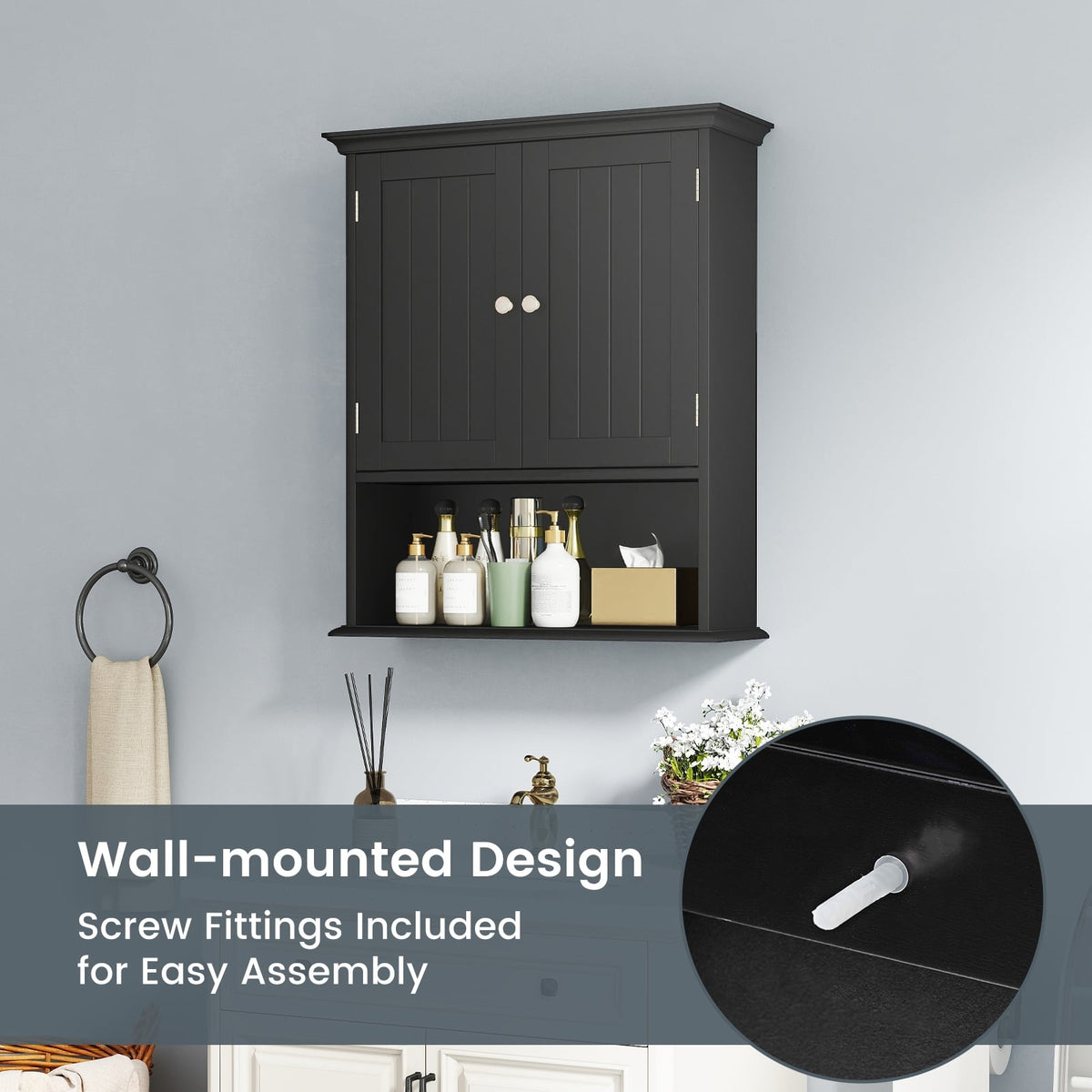 Wall-Mounted Bathroom Storage Cabinet with Doors - Black-Wall Cabinets-DECOROLALA