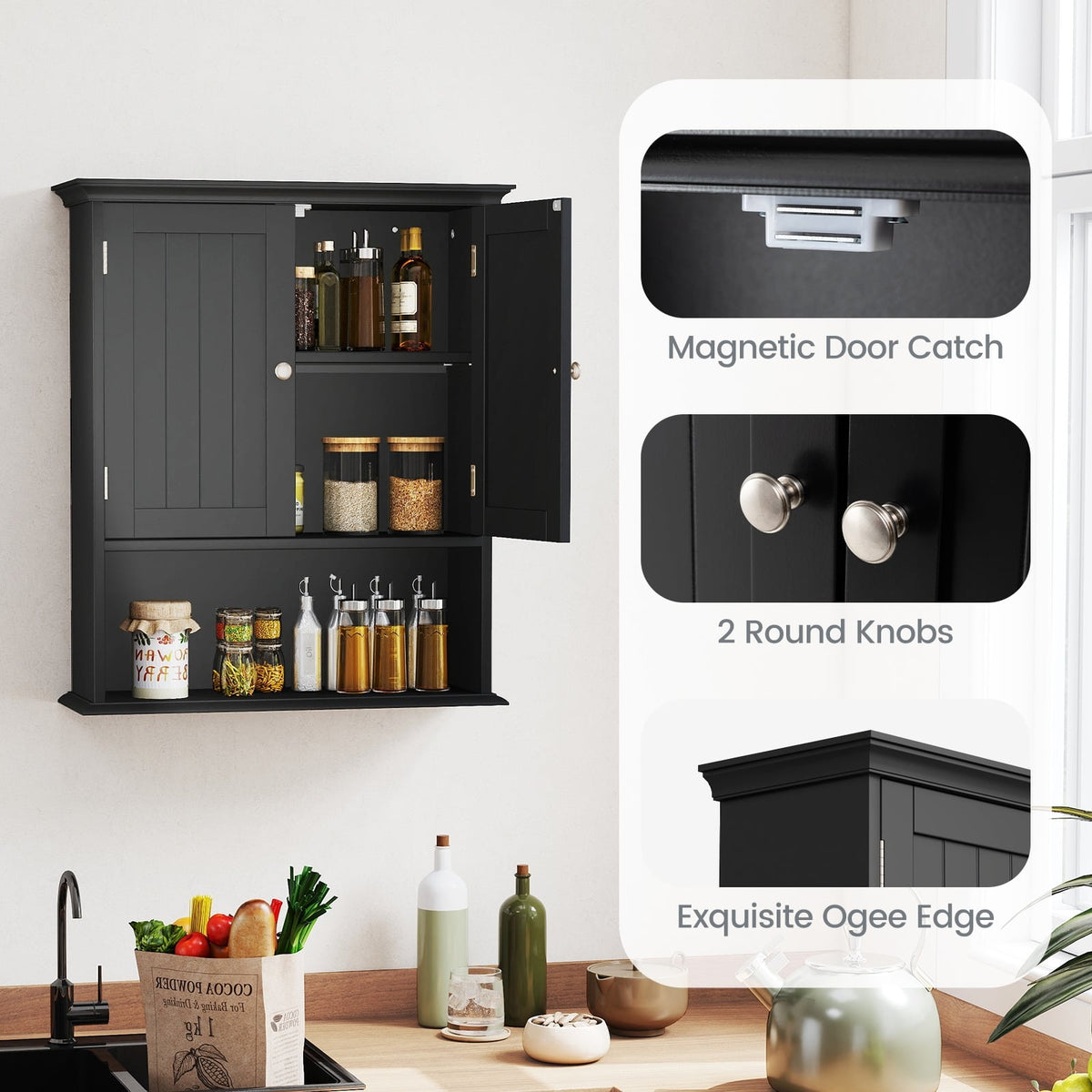 Wall-Mounted Bathroom Storage Cabinet with Doors - Black-Wall Cabinets-DECOROLALA