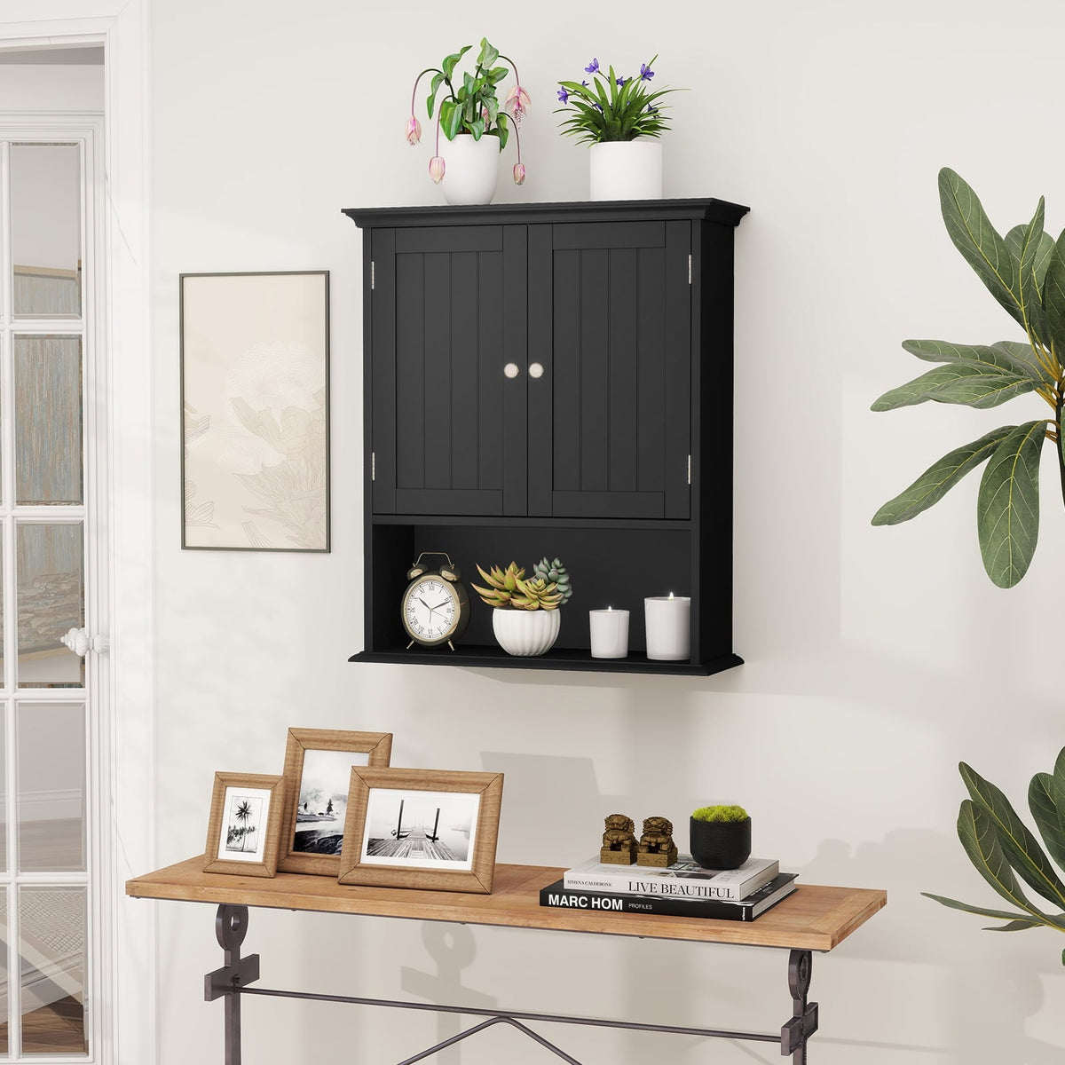 Wall-Mounted Bathroom Storage Cabinet with Doors - Black-Wall Cabinets-DECOROLALA