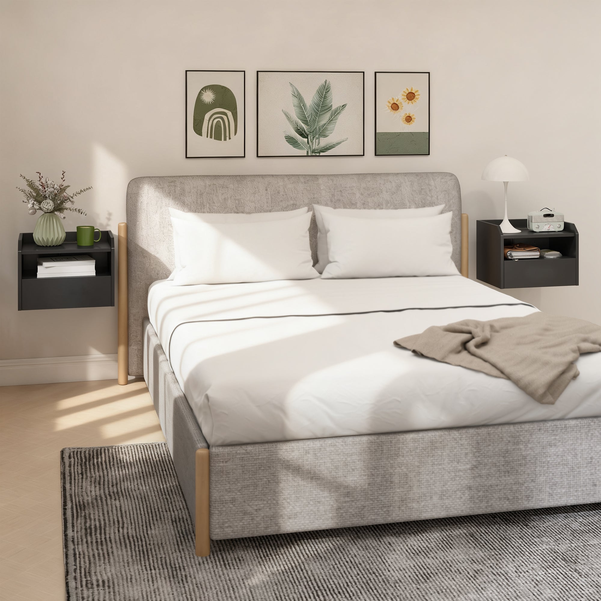 Wall Mounted Bedside Table, Set of 2 Floating Nightstand with Charging Station, Drawer and Open Shelf for Bedroom, Black-Home Furnishings > Bedroom Furniture > Bedside Tables-DECOROLALA