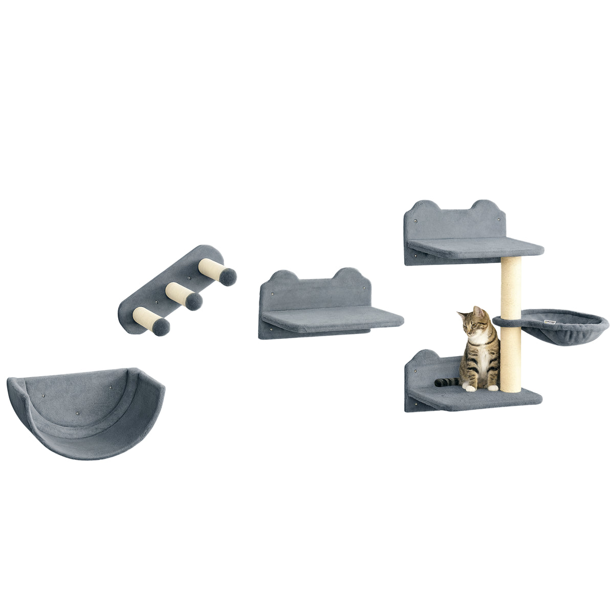 Wall Mounted Cat Shelves Set with Hammock & Scratching Post - Grey-Cats-DECOROLALA