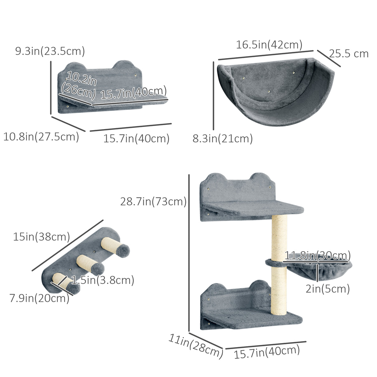 Wall Mounted Cat Shelves Set with Hammock & Scratching Post - Grey-Cats-DECOROLALA