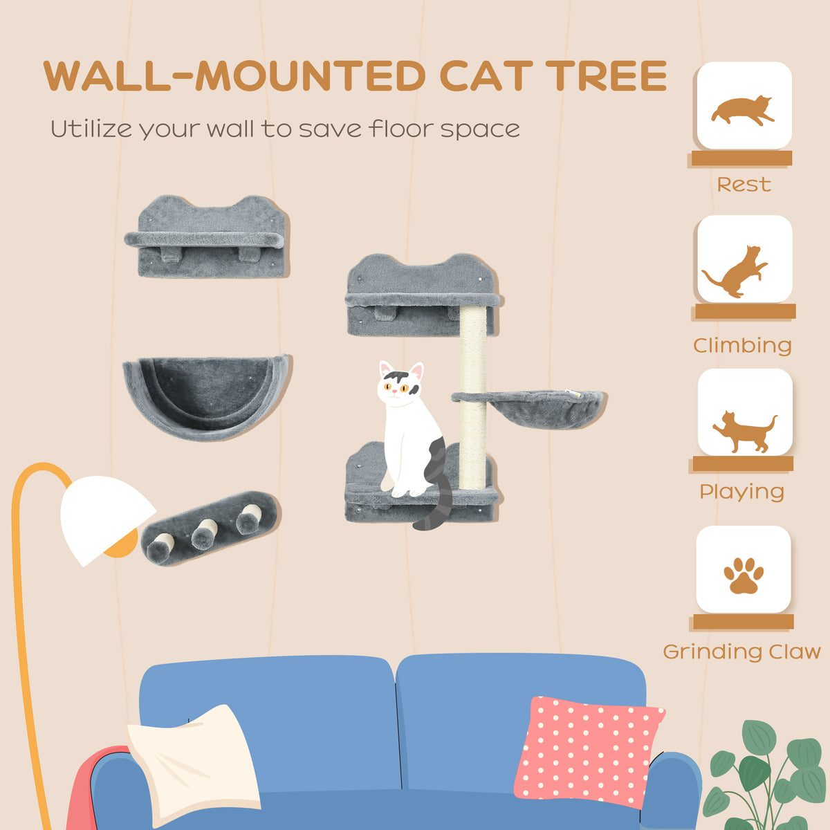 Wall Mounted Cat Shelves Set with Hammock & Scratching Post - Grey-Cats-DECOROLALA
