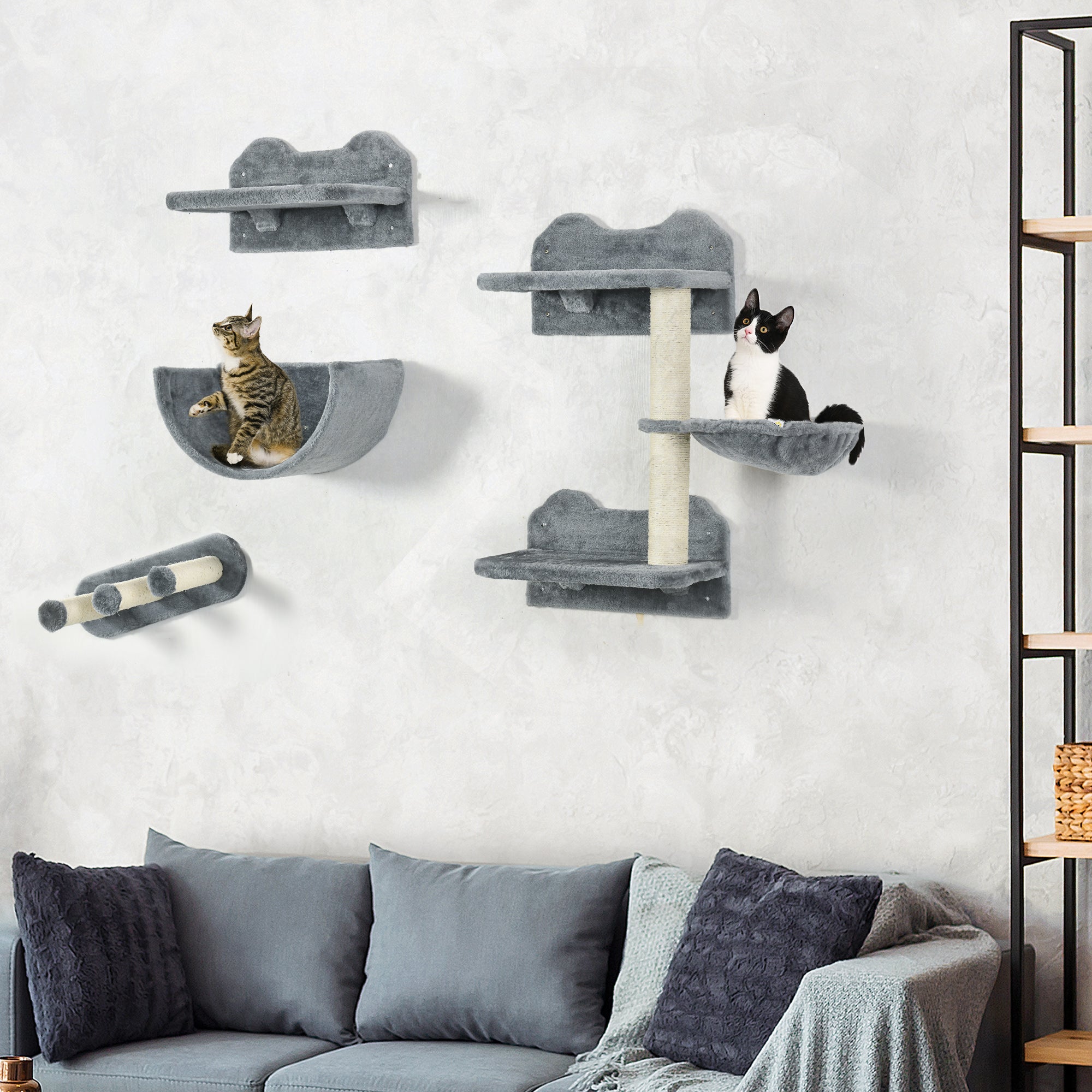 Wall Mounted Cat Shelves Set with Hammock & Scratching Post - Grey-Cats-DECOROLALA