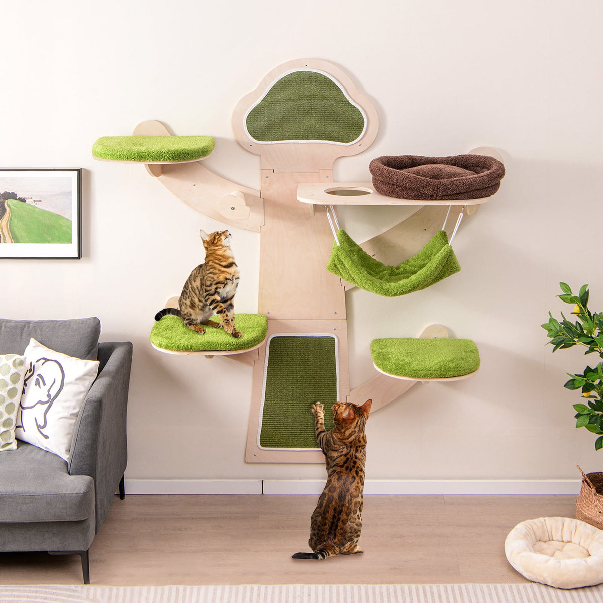 Wall-Mounted Cat Tower Cat Wall Shelves Furniture with Bed-Green-Cat Trees & Scratchers-DECOROLALA