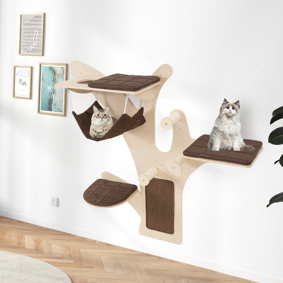 Wall-Mounted Cat Tower Cat Wall Shelves Furniture with Perch-Brown-Cat Trees & Scratchers-DECOROLALA