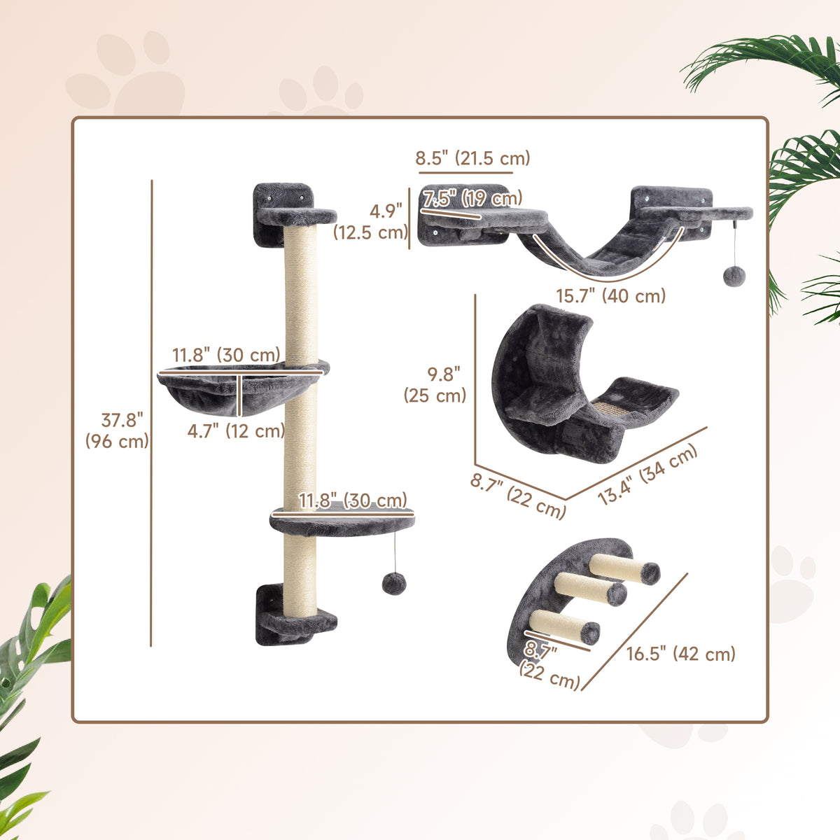 Wall-Mounted Cat Tree Shelf Set with Scratching Post - Dark Grey-Cats-DECOROLALA