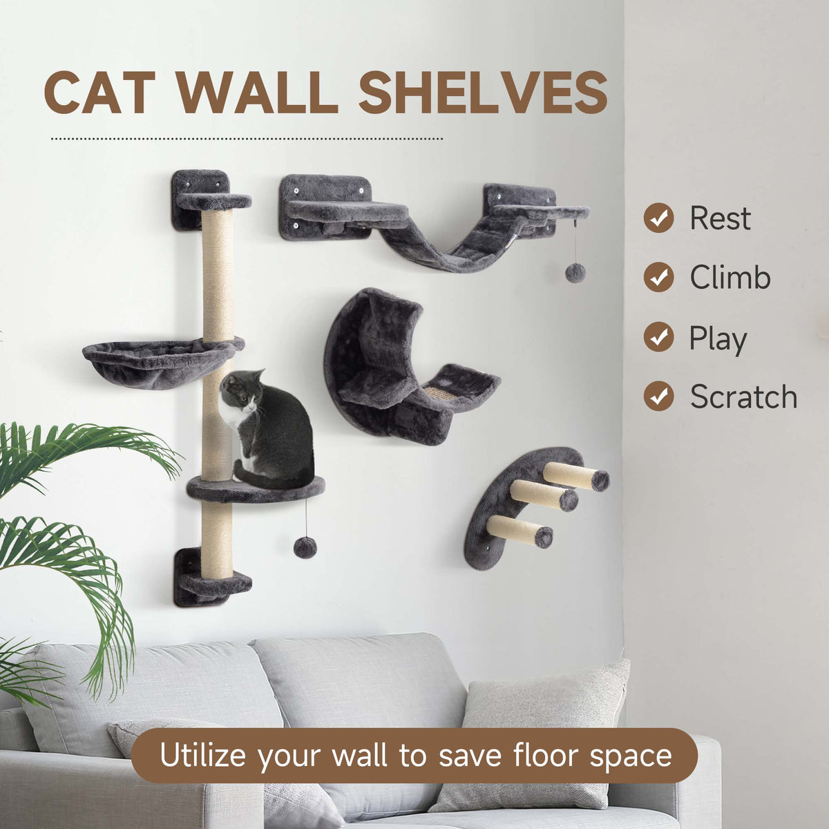 Wall-Mounted Cat Tree Shelf Set with Scratching Post - Dark Grey-Cats-DECOROLALA