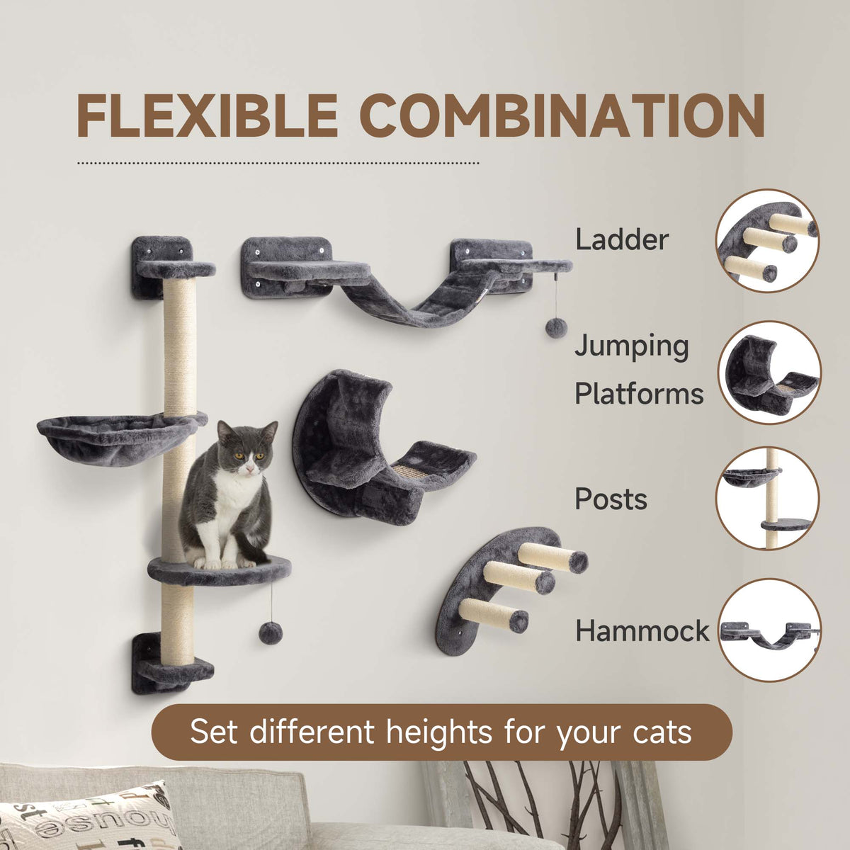 Wall-Mounted Cat Tree Shelf Set with Scratching Post - Dark Grey-Cats-DECOROLALA