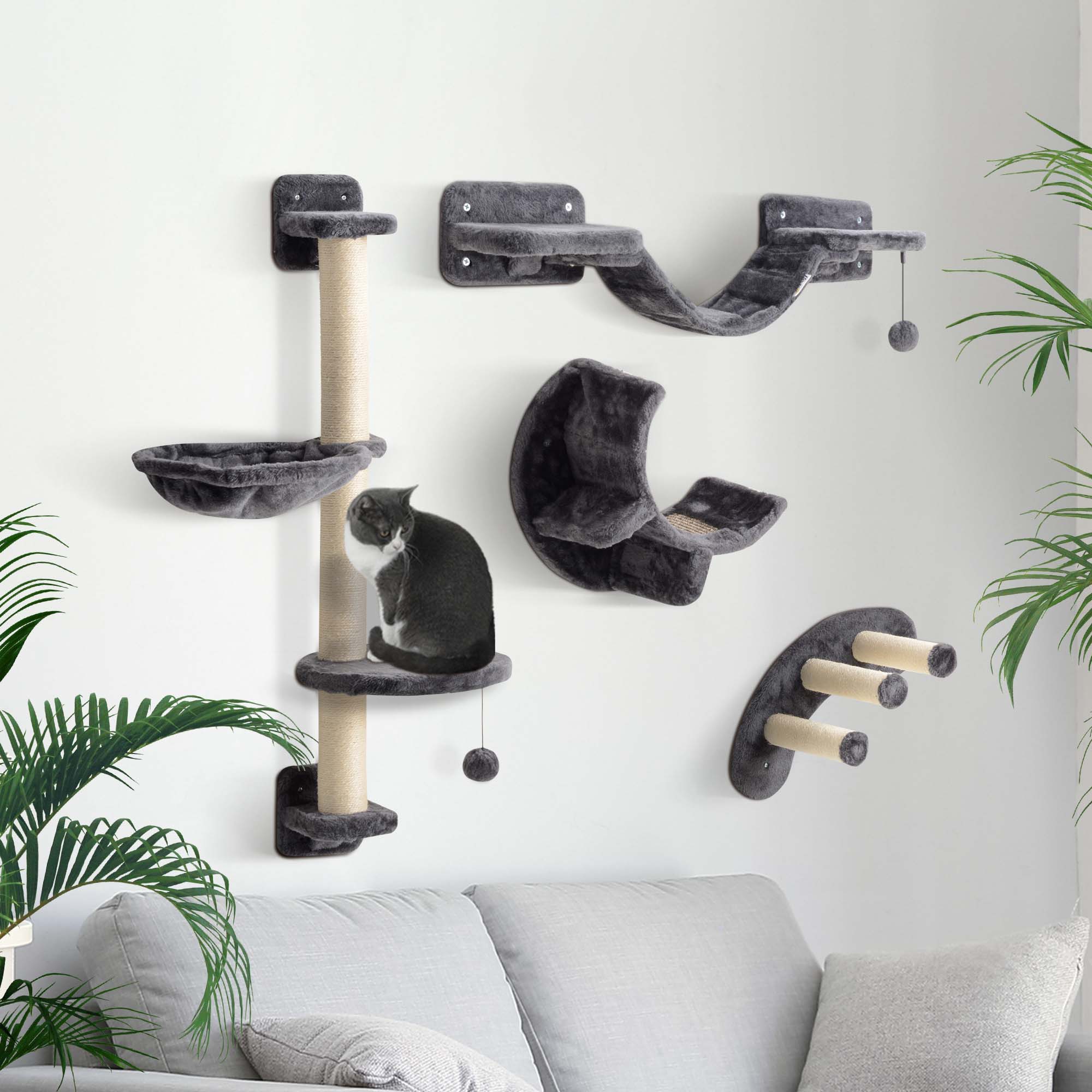 Wall-Mounted Cat Tree Shelf Set with Scratching Post - Dark Grey-Cats-DECOROLALA