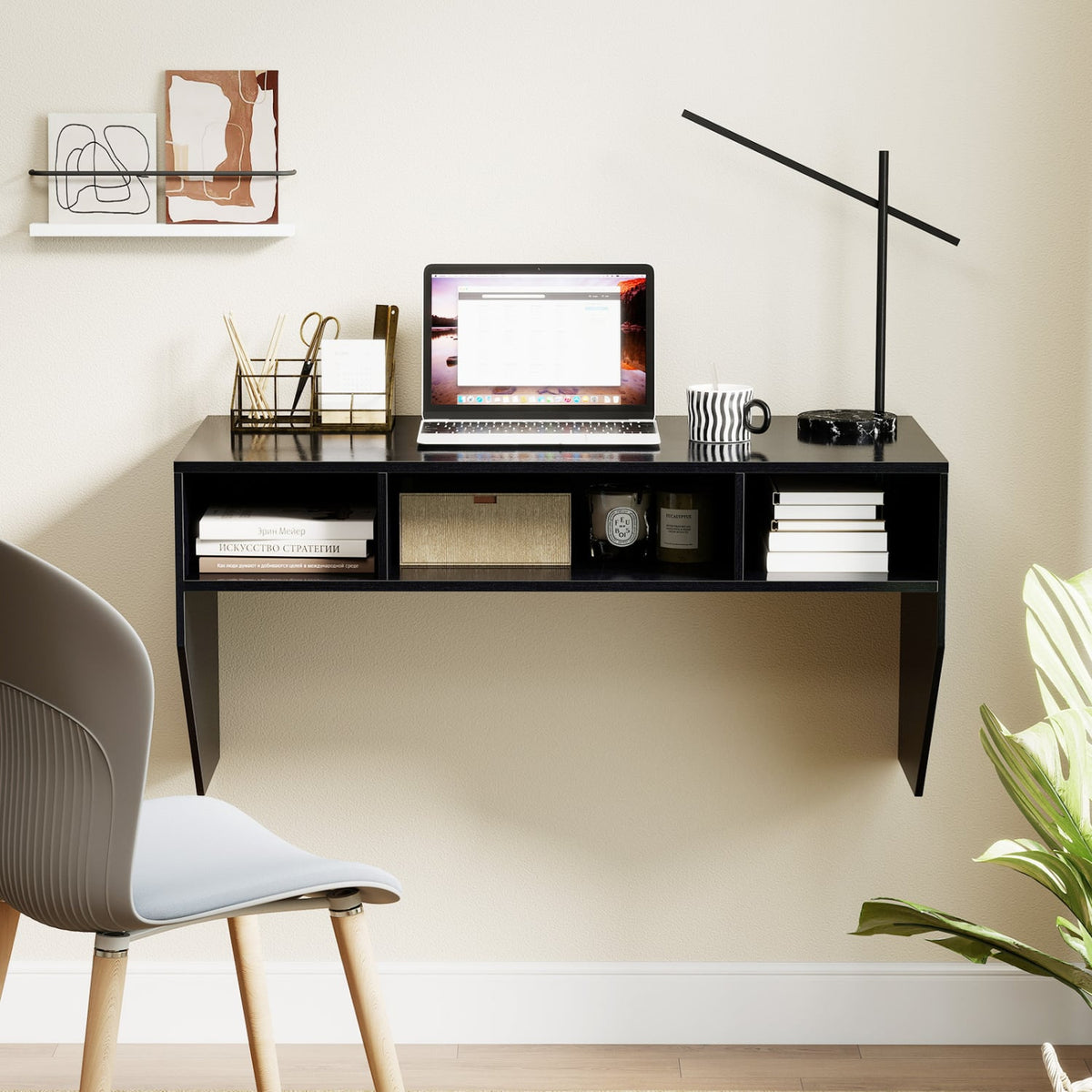 Wall-Mounted Computer Desk Floating Laptop Desk with 3 Storage Compartments-Black-Computer Desks-DECOROLALA