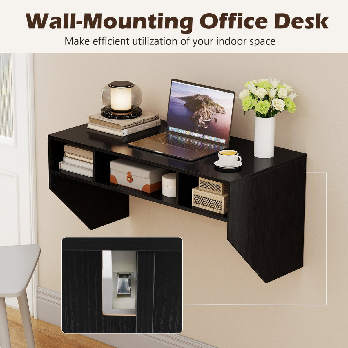 Wall-Mounted Computer Desk Floating Laptop Desk with 3 Storage Compartments-Black-Computer Desks-DECOROLALA