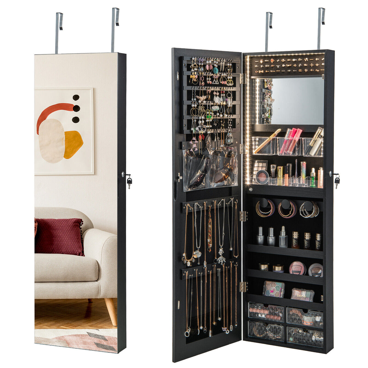 Wall Mounted Jewelry Cabinet with 3-Color Lights-Black-Jewelry Armoires-DECOROLALA
