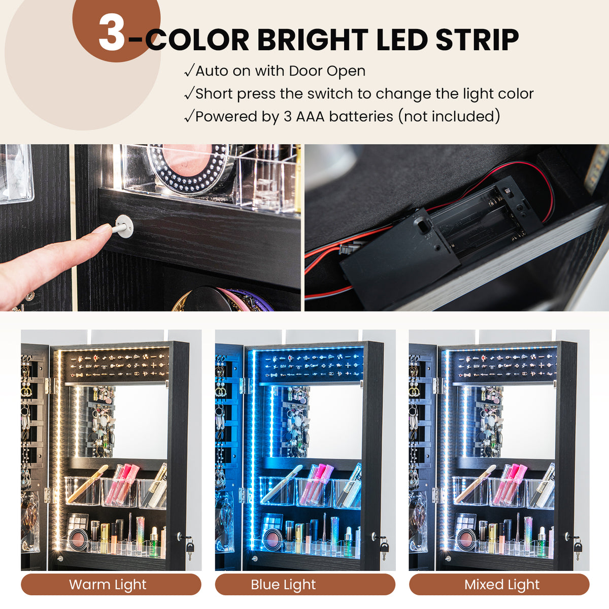 Wall Mounted Jewelry Cabinet with 3-Color Lights-Black-Jewelry Armoires-DECOROLALA