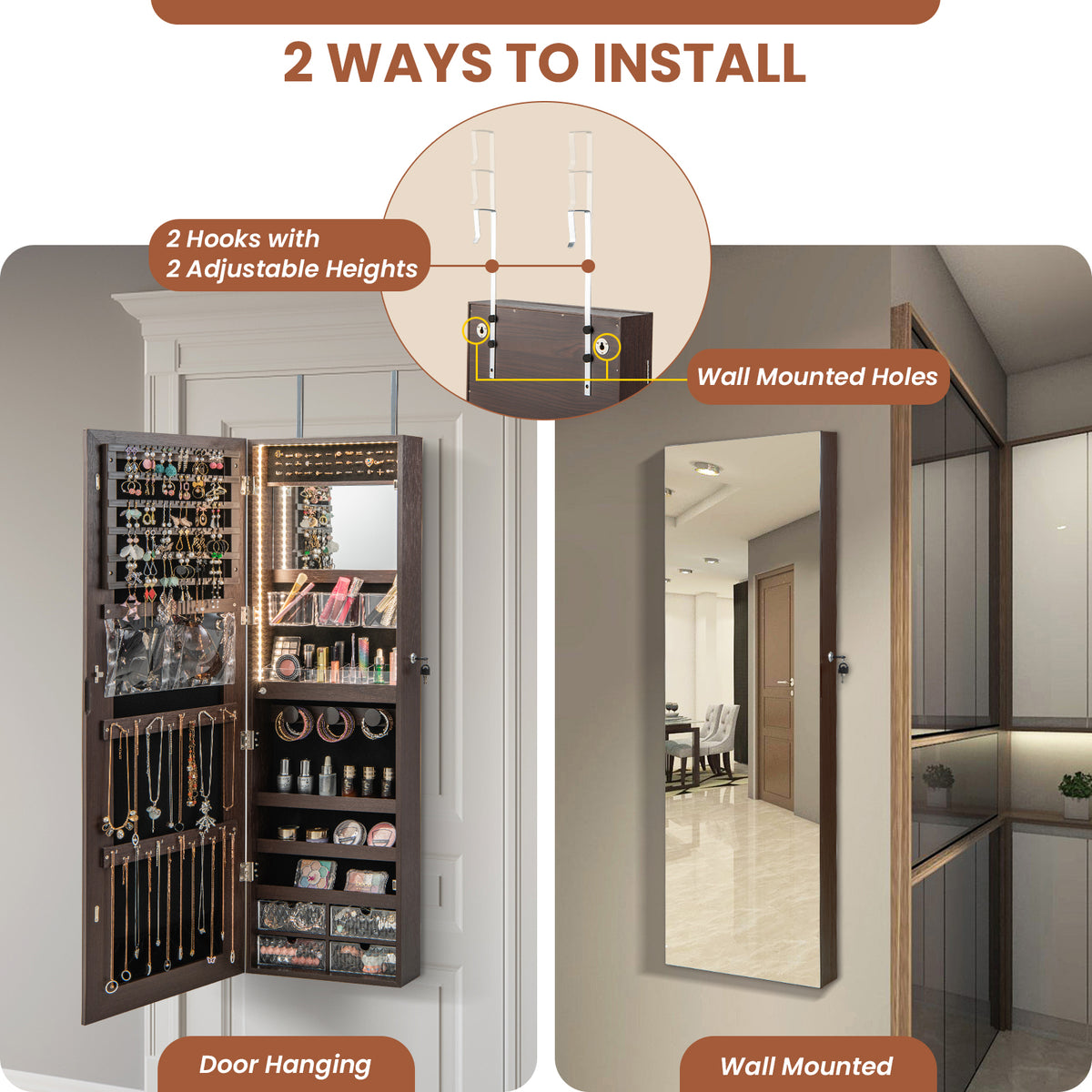 Wall Mounted Jewelry Cabinet with 3-Color Lights-Brown-Jewelry Armoires-DECOROLALA