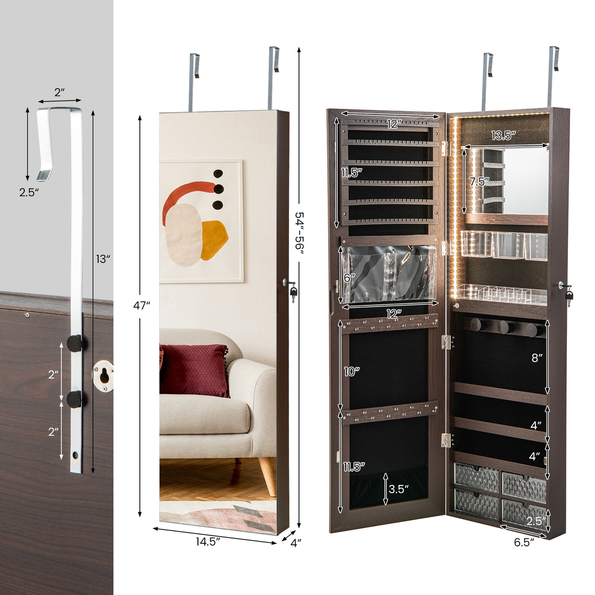 Wall Mounted Jewelry Cabinet with 3-Color Lights-Brown-Jewelry Armoires-DECOROLALA