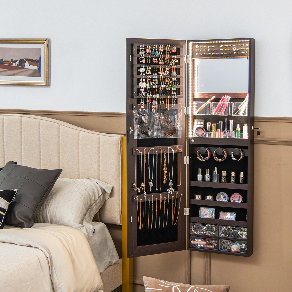Wall Mounted Jewelry Cabinet with 3-Color Lights-Brown-Jewelry Armoires-DECOROLALA