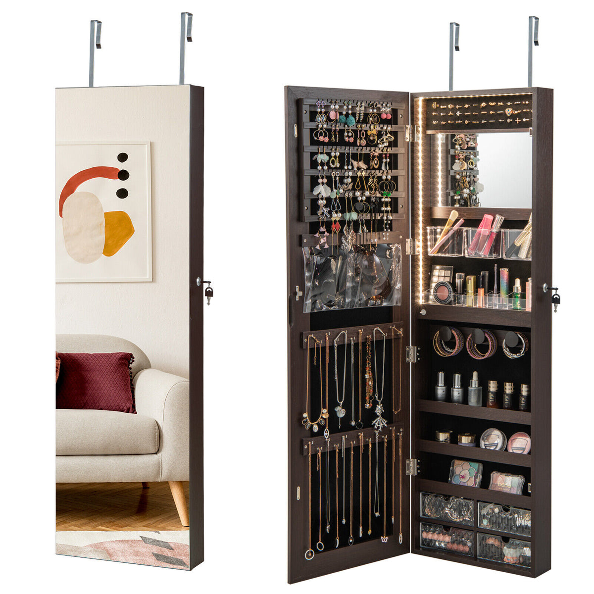 Wall Mounted Jewelry Cabinet with 3-Color Lights-Brown-Jewelry Armoires-DECOROLALA