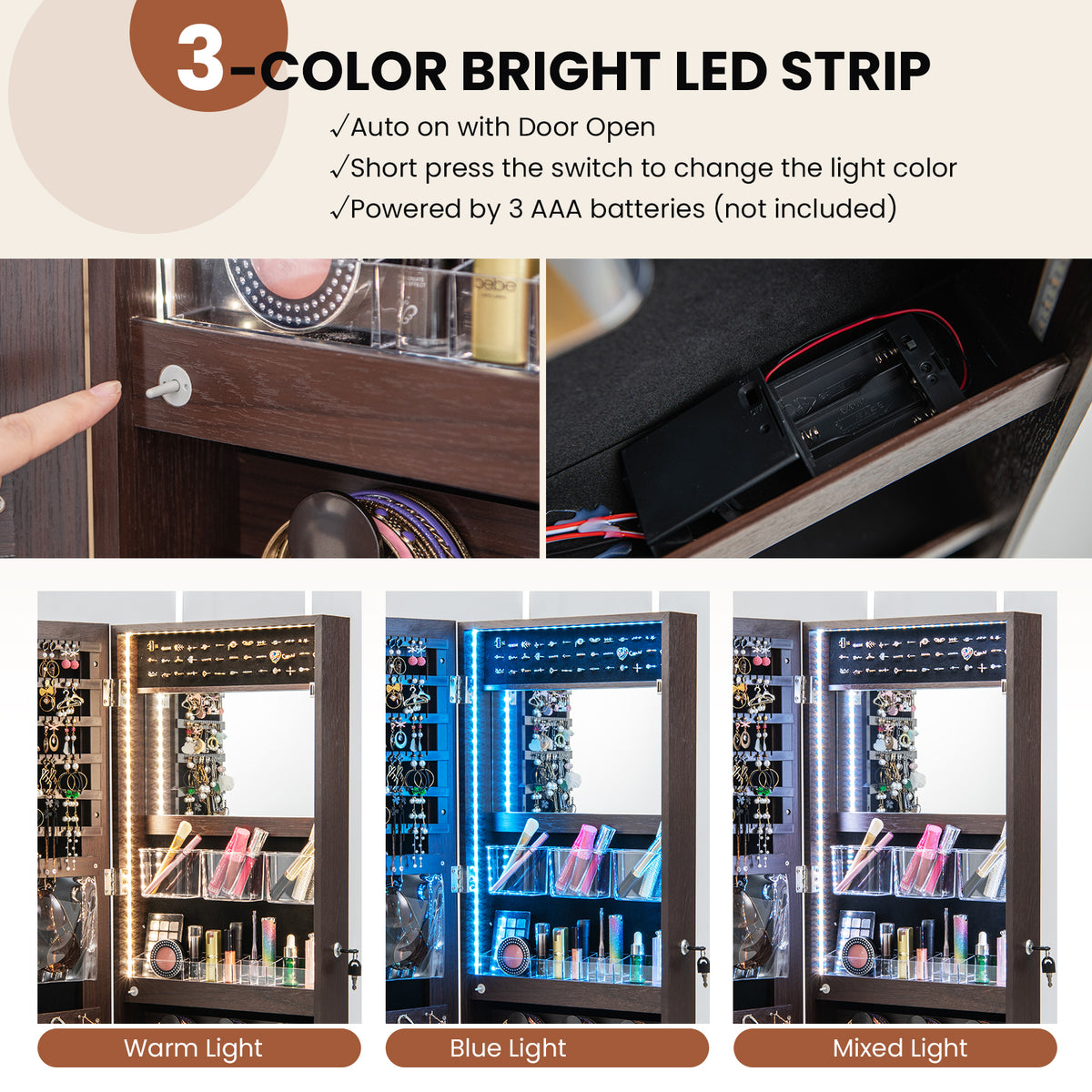 Wall Mounted Jewelry Cabinet with 3-Color Lights-Brown-Jewelry Armoires-DECOROLALA