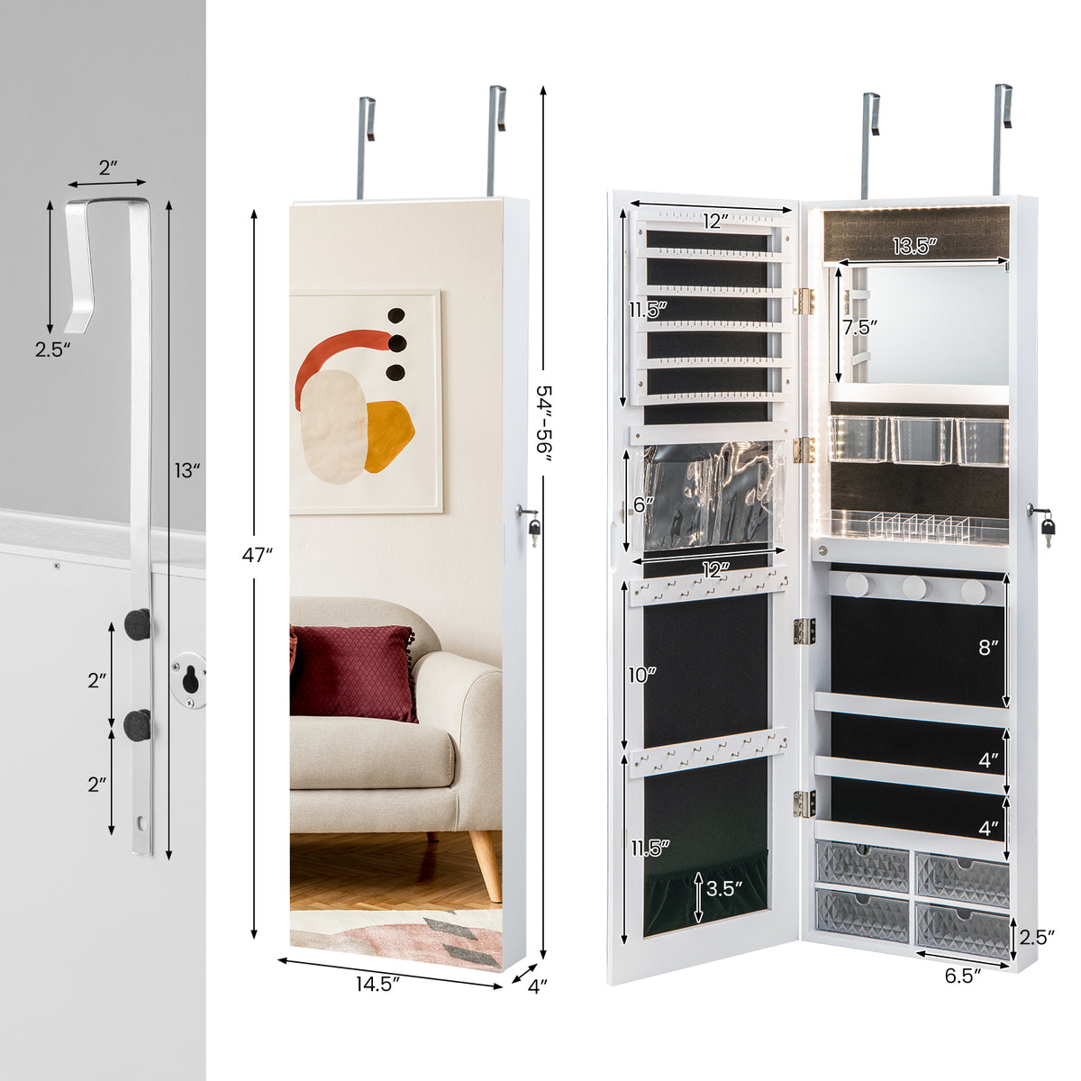 Wall Mounted Jewelry Cabinet with 3-Color Lights-White-Jewelry Armoires-DECOROLALA