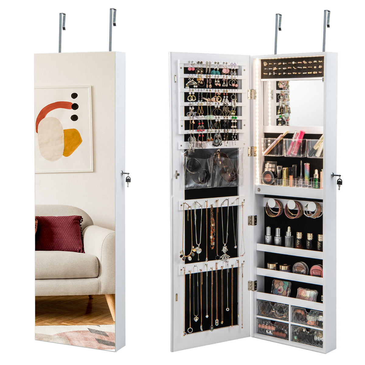 Wall Mounted Jewelry Cabinet with 3-Color Lights-White-Jewelry Armoires-DECOROLALA