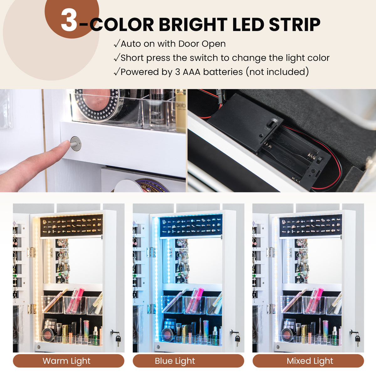 Wall Mounted Jewelry Cabinet with 3-Color Lights-White-Jewelry Armoires-DECOROLALA