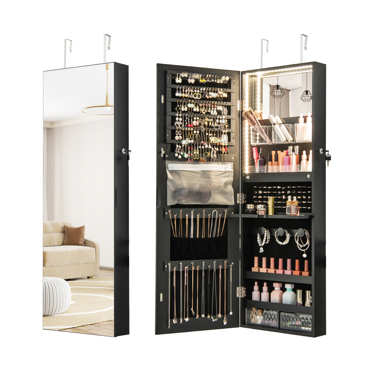 Wall Mounted Jewelry Cabinet with Full-Length Mirror-Black-Jewelry Armoires-DECOROLALA