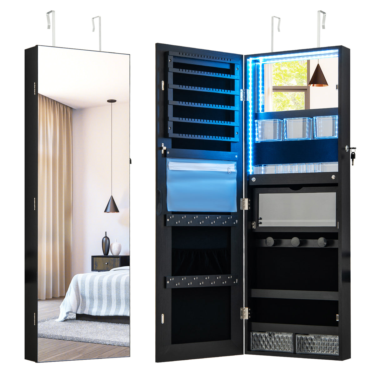 Wall Mounted Jewelry Cabinet with Full-Length Mirror-Black-Jewelry Armoires-DECOROLALA